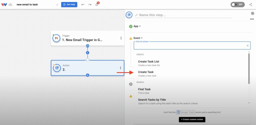 Select “Create Task” as the event in Google Tasks to complete the email-to-task automation.
