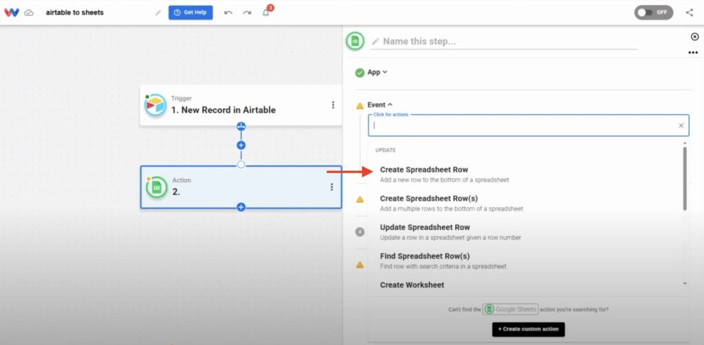 Choosing the โCreate Spreadsheet Rowโ event to complete the Airtable Records to Sheets workflow.