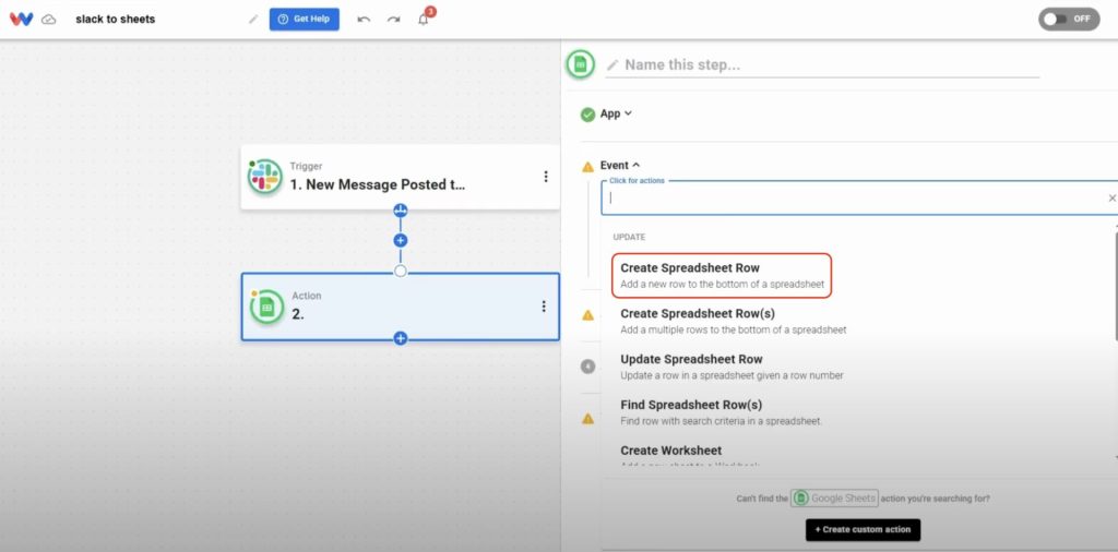 Choose “Create Spreadsheet Row” to complete your Slack to Google Sheets setup and begin logging messages.