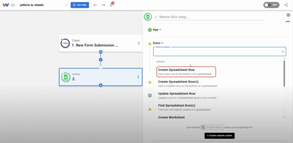 Choose “Create Spreadsheet Row” as the action so each new Jotform submission adds a row to your selected Google Sheet