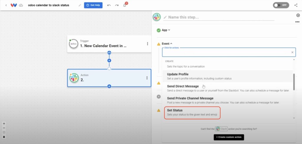 Selecting the “Set Status” event in Slack to continue the automation.