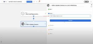 Choosing Add or Update Contact on a List as the Mailchimp event.