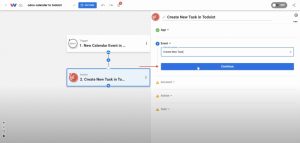 Choosing the “Create New Task” event in Todoist as the action.