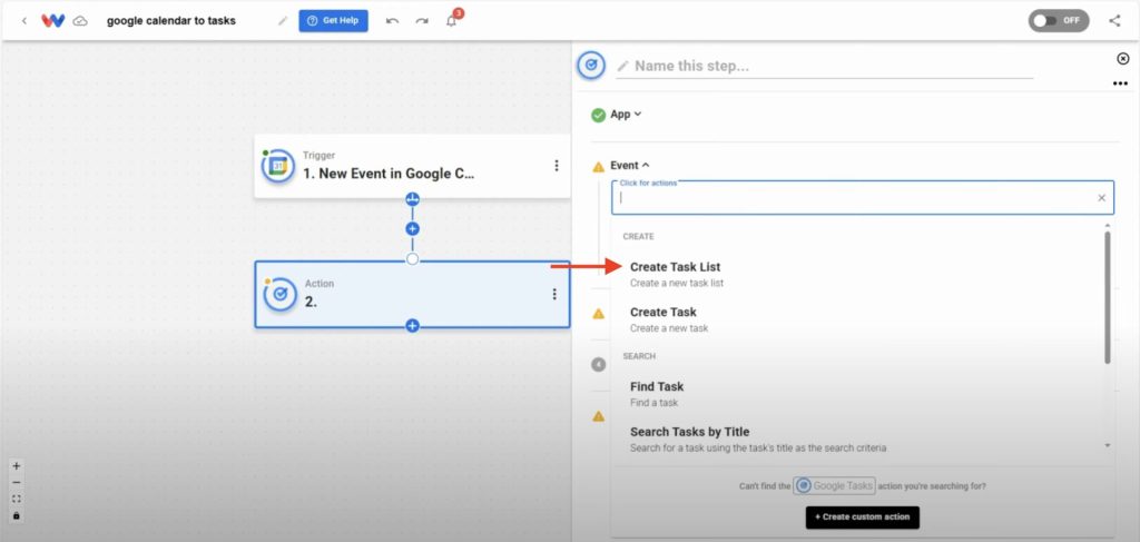 Choosing "Create Task" as the action to generate a new task in Google Tasks.