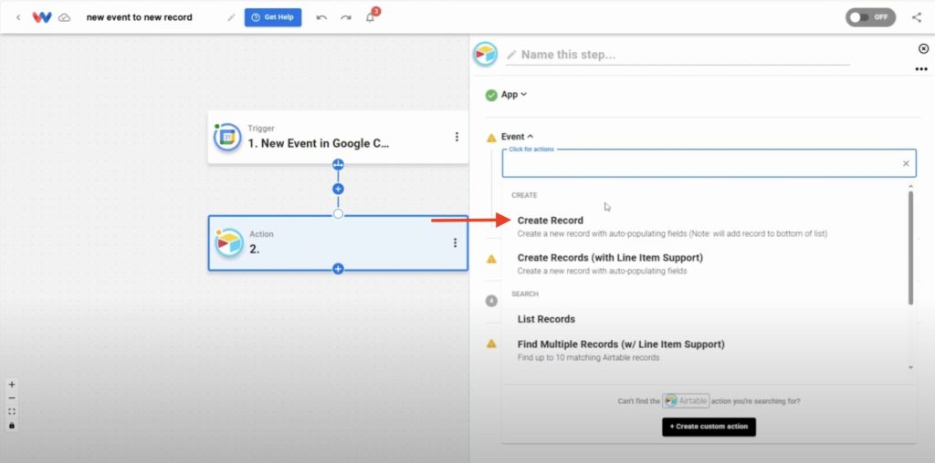 Selecting the “Create Record” action from the Airtable options