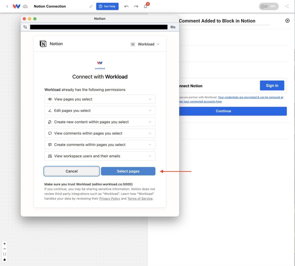 Permissions screen in the workflow step with Select pages to choose which Notion pages Workload can access.