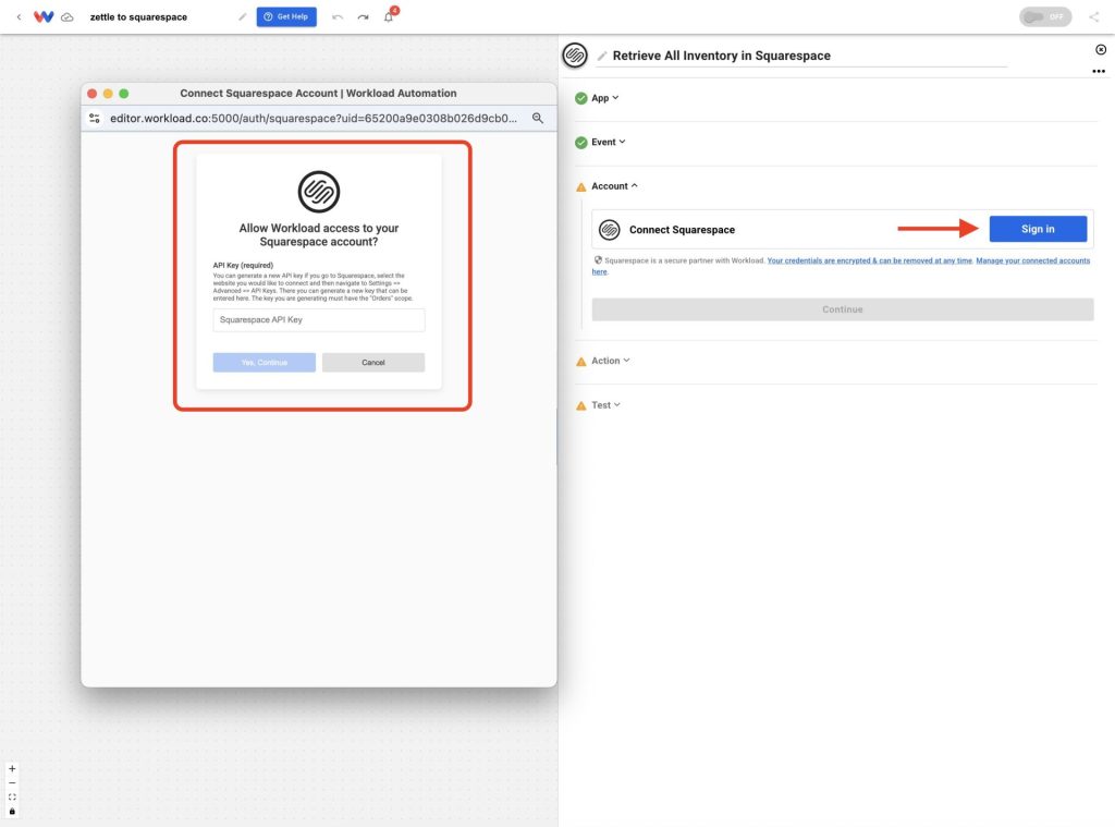 Squarespace API key prompt shown during setup—connect your account to enable stock updates from Zettle sales