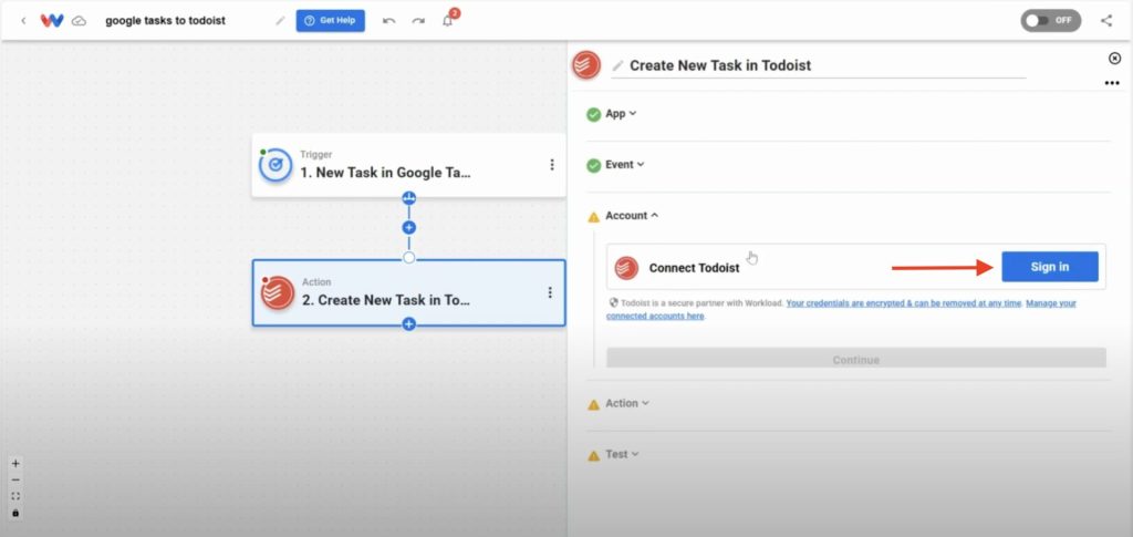 Connecting your Todoist account to authorize the action step in the Workload automation workflow.