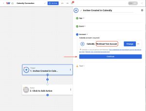 Stepโs account field showing a linked Calendly account after you Connect Calendly to Workload.