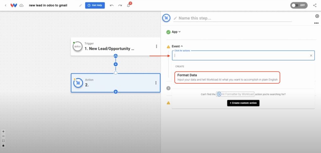 Selecting the Format Data event in AI Formatter by Workload.