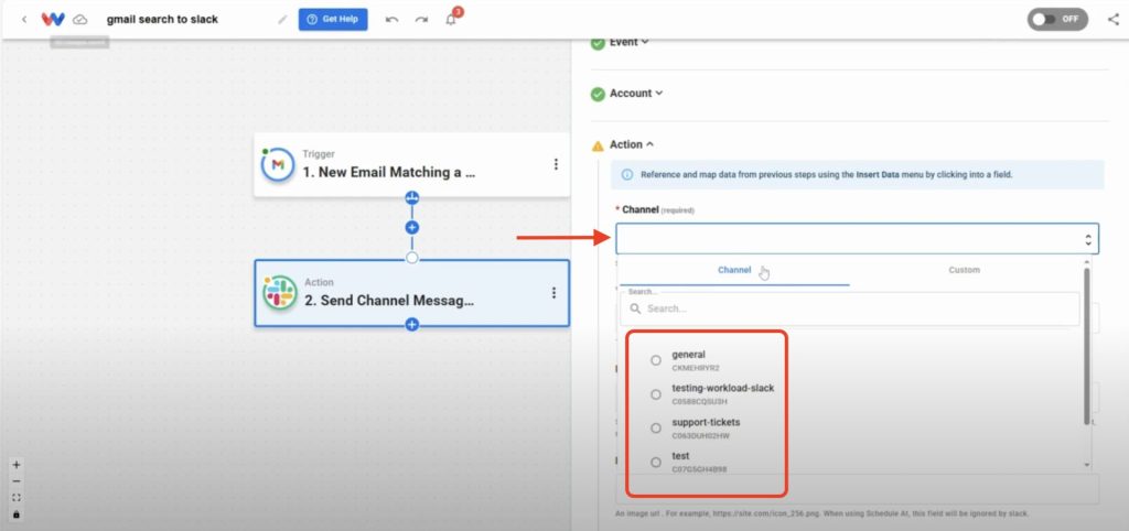 Editor view of Workload platform with a red arrow pointing and the "Channel" field. Click in this box will open a dynamic menu to select a channel.