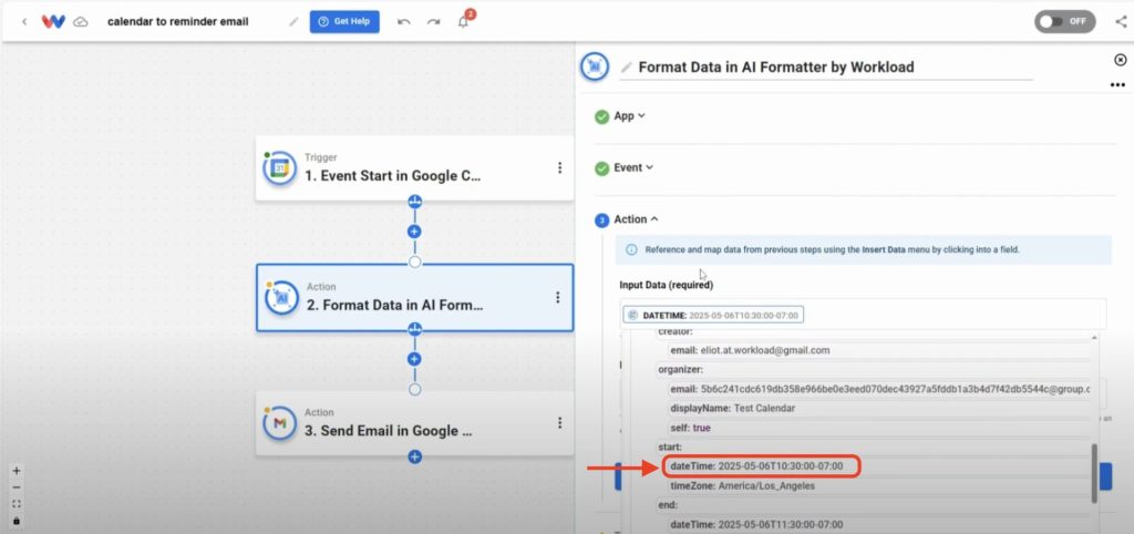 Editor view of Workload platform with red arrow pointing to the start: dateTime field in the Input Data field.