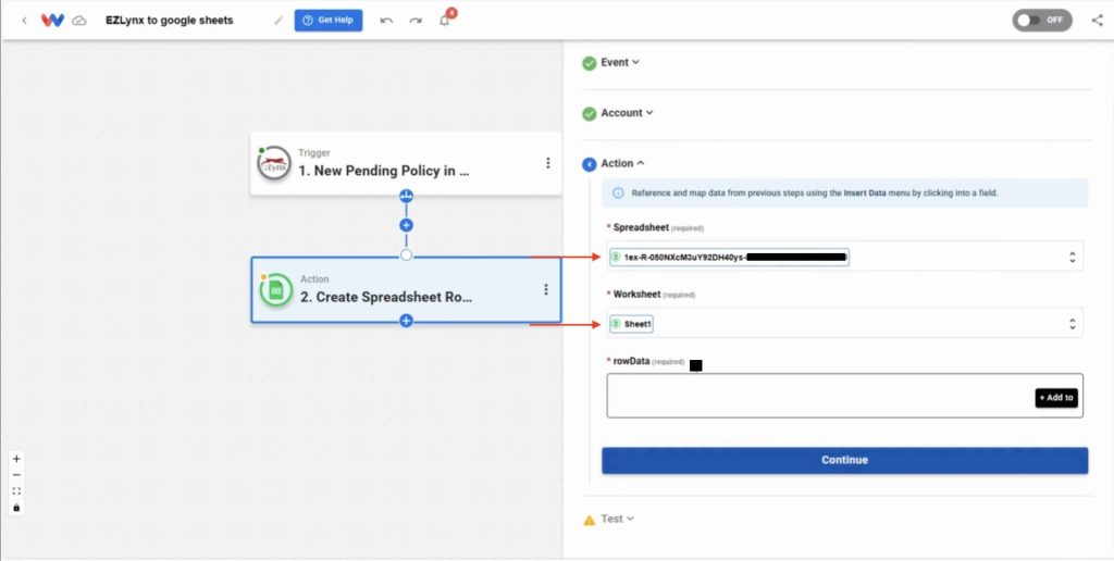 Choose the spreadsheet and worksheet where your pending policy data will be stored, ensuring the columns match the fields you plan to include.