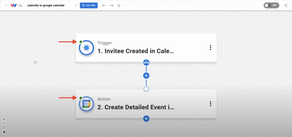 Editor view of Workload platform with red arrows pointing to green light indicators after completing all steps of Create Google Events from Calendly Invitees workflow.