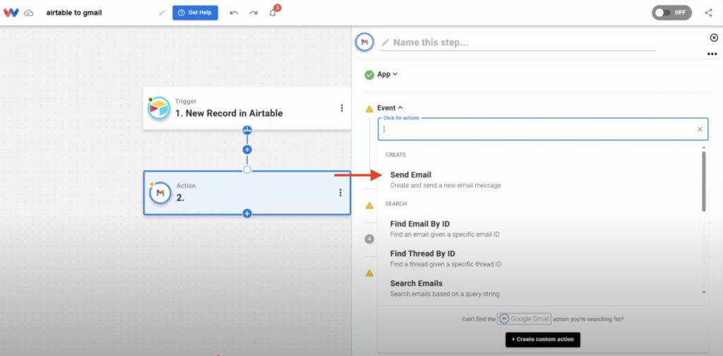 Choosing “Send Email” as the Gmail action to automate email delivery from Airtable