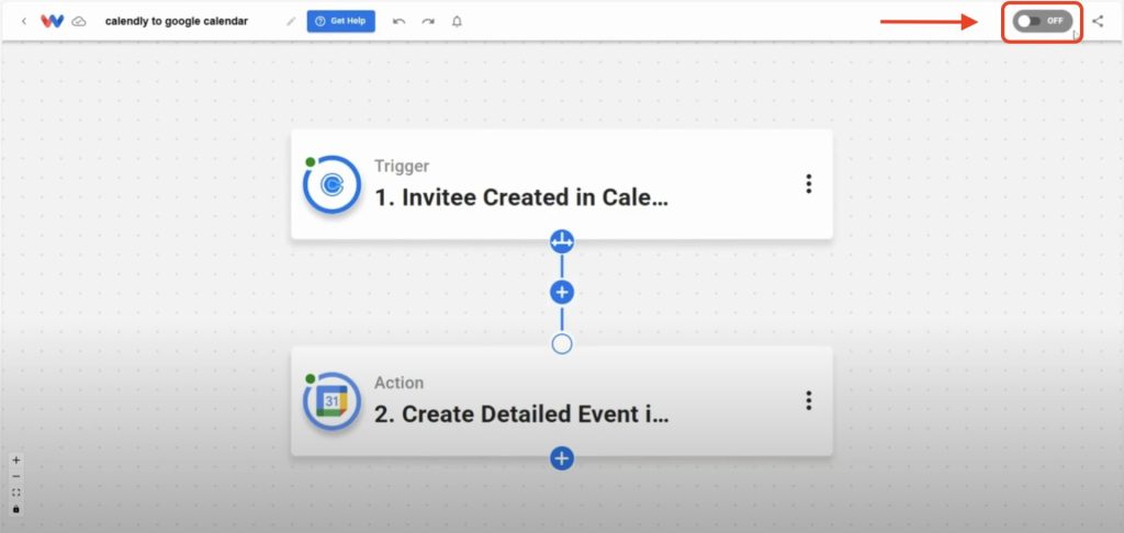 Editor view of Workload dashboard with a red arrow pointing to the On/Off toggle to activate the Create Google Events from Calendly Invitees workflow.