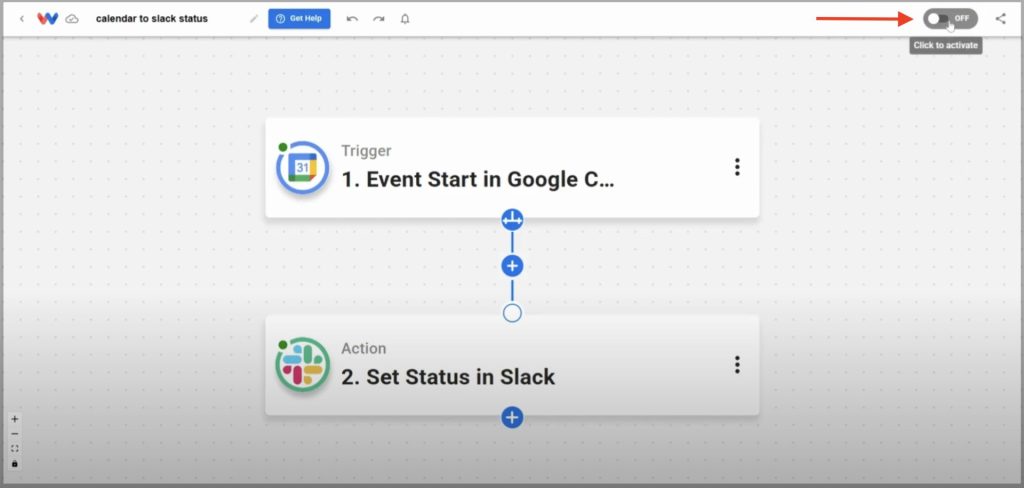 Click the On/Off toggle to activate the Google Calendar to Slack Status workflow..