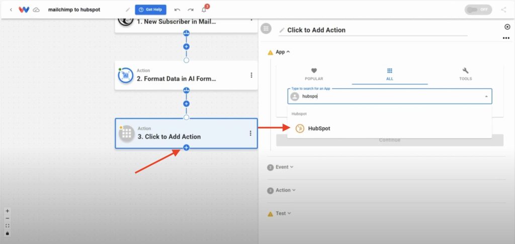 Add a new HubSpot action.