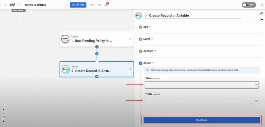 Choose the base and table in Airtable where new Airtable Records from EZLynx will be created.