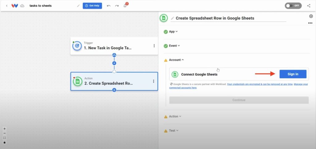 Clicking Sign In to connect Google Sheets account in Workload