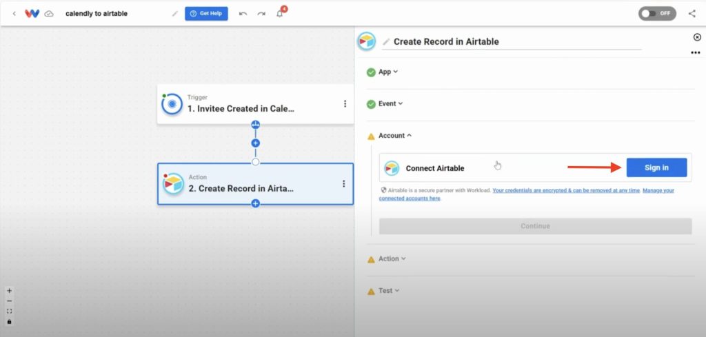 Connecting your Airtable account to Workload to enable record creation from Calendly data.