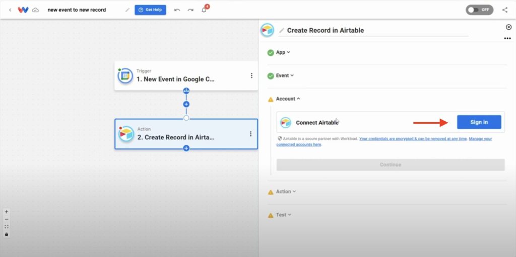 Connecting your Airtable account during the workflow setup process