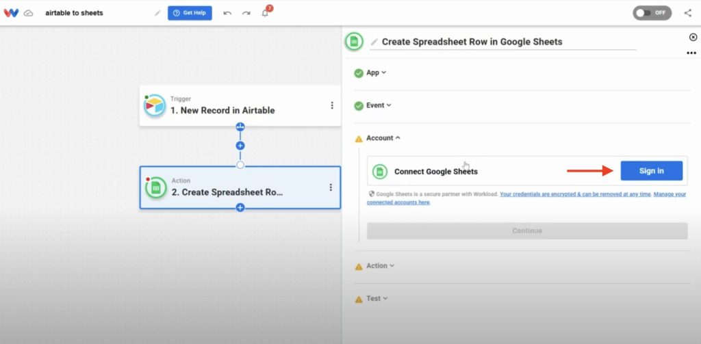 Signing in to connect your Google Sheets account in Workload.