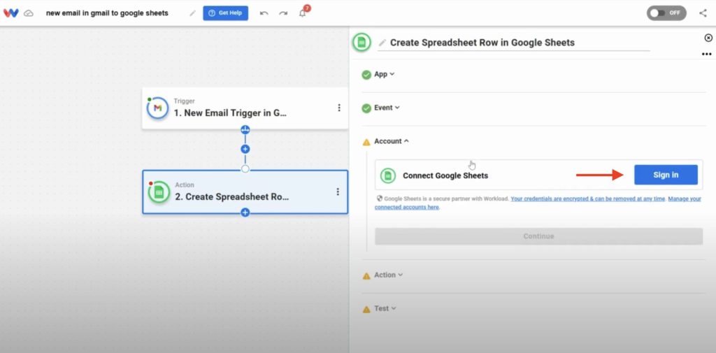 User clicks “Sign in” to connect Google Sheets as the action app in the automation setup.