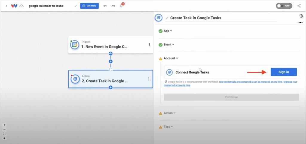 Connecting a Google Tasks account to finalize the action step.