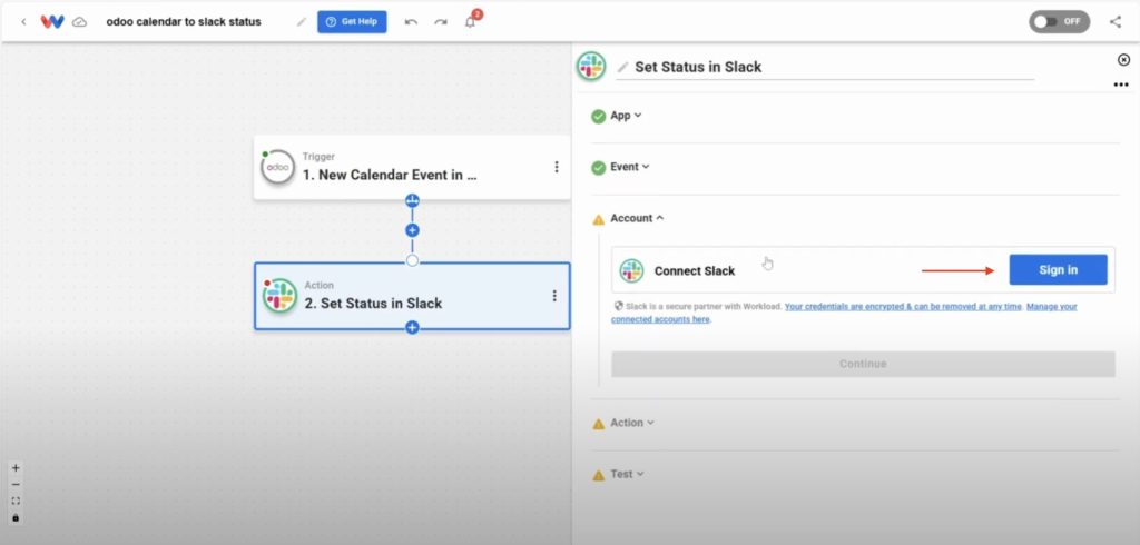 Connecting a Slack account in Workload to enable Slack Status from Odoo.
