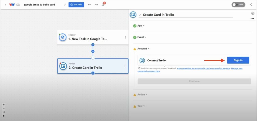 Signing into Trello to authorize Workload and enable card creation.