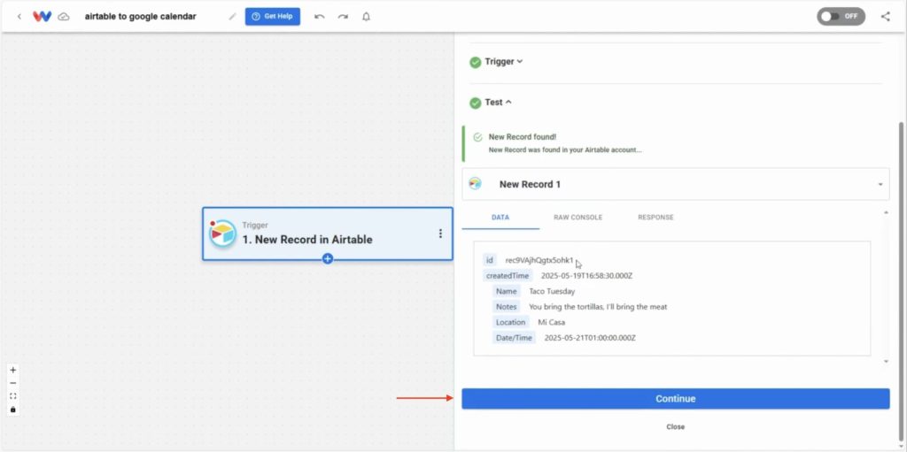 Sample record preview with event details before continuing to turn Airtable records into Google Calendar Events