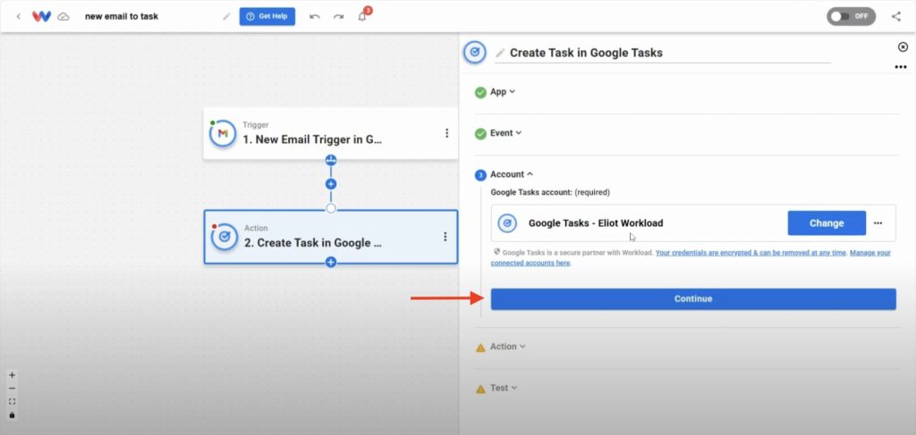 Connect your Google Tasks account to Workload to complete the workflow setup that converts Gmail to tasks.