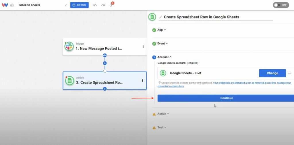 Click “Continue” after connecting your Google Sheets account to Sync Slack Messages Automatically.