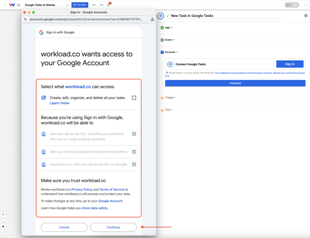 Granting permissions to Workload so it can access Sheets