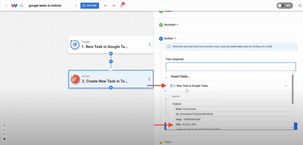 Mapping fields from the Google Tasks trigger step—such as title, notes, and due date—into the Todoist action step in Workload.
