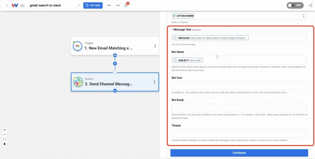 Editor view of the Workload platform with a red box around the fields that can be mapped to customize the Slack Channel message.