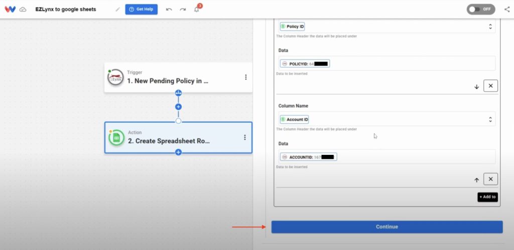 Map each field from the EZLynx trigger to the correct column in your Google Sheet to accurately Sync EZLynx Pending Policies.