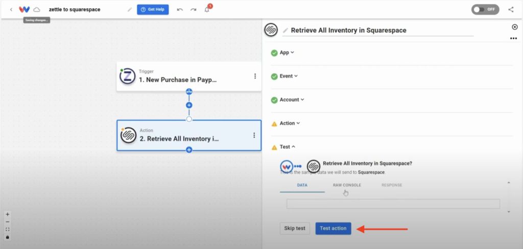 Running a test action to pull Squarespace inventory—crucial for syncing Squarespace Stock from Zettle accurately