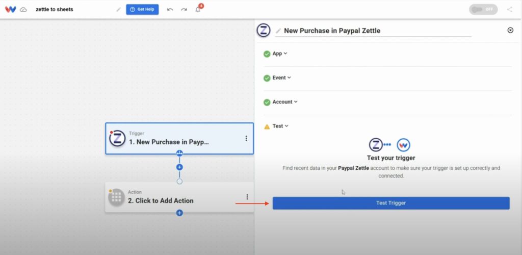 Testing the Zettle trigger inside Workload to confirm the automation will track Zettle purchases automatically in Google Sheets