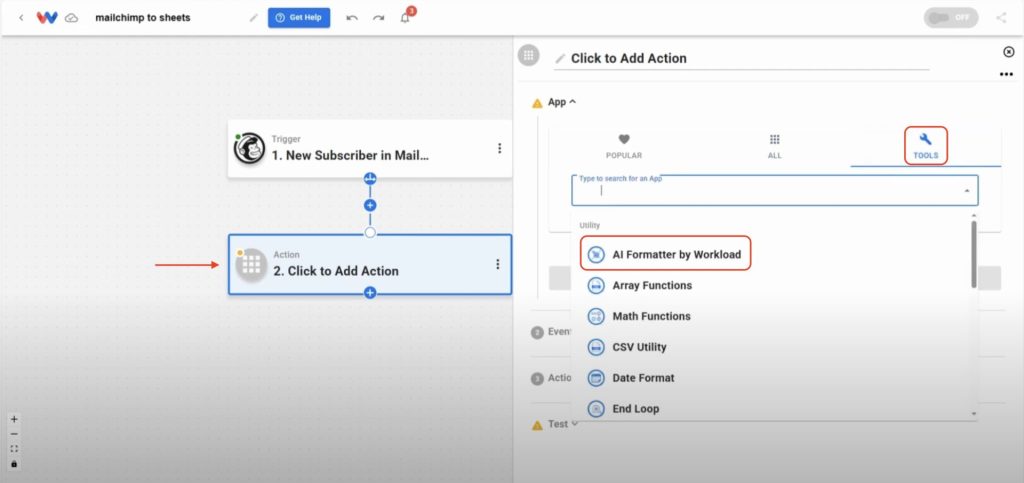 Choose AI Formatter by Workload as the app for your second step in the automation.