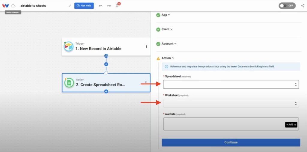 Selecting spreadsheet, worksheet, and row data for Google Sheets action.