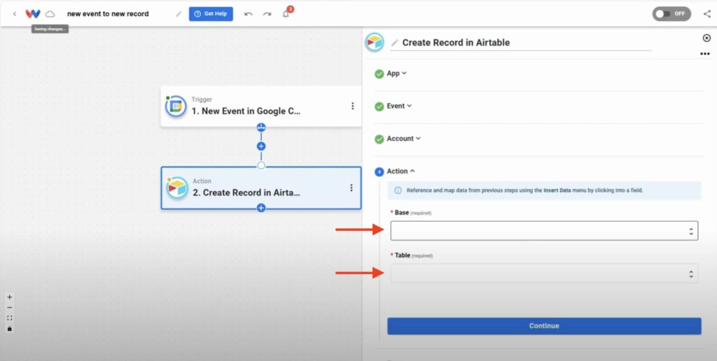 Choosing Airtable base and table for storing calendar event records