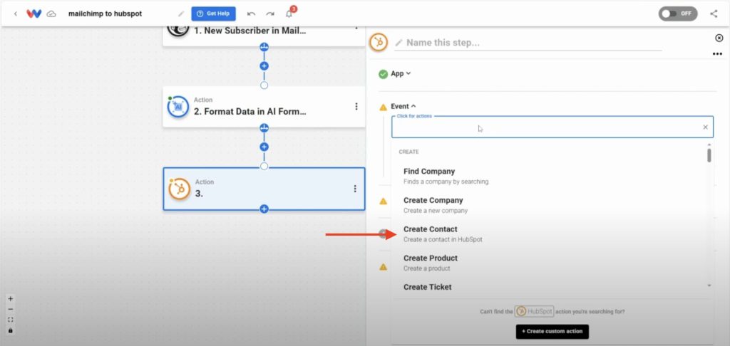 Select "Create Contact" as the action event.