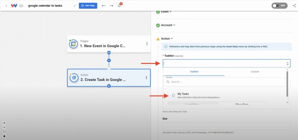 Selecting “My Tasks” list where new tasks from calendar events will be created.