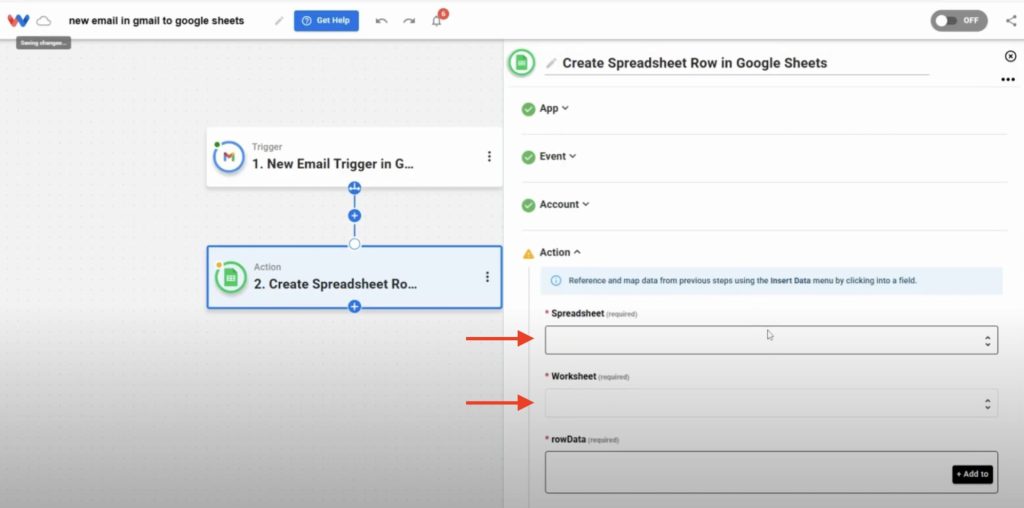 Fields to select a specific spreadsheet and worksheet before mapping Gmail data into rows.
