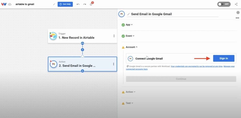 Authorizing Gmail account connection in Workload to enable automated email sending