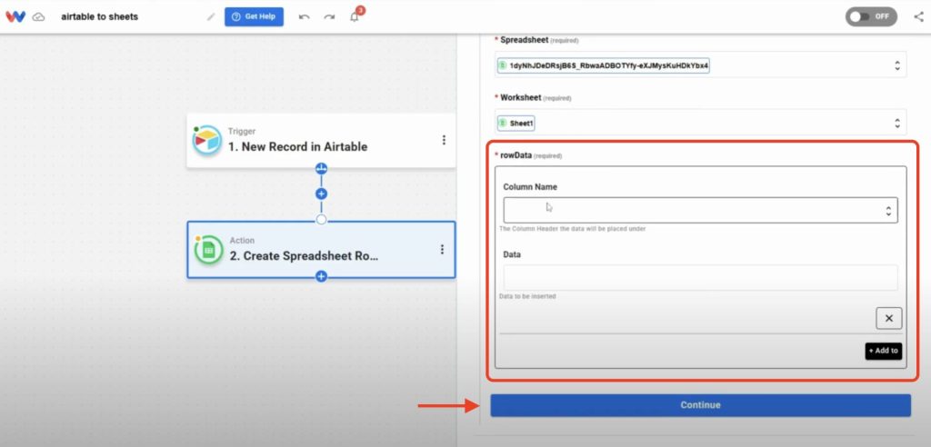 Mapping Airtable fields to Google Sheet columns in the workflow setup.