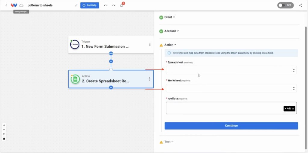 Choose the specific spreadsheet and worksheet in your Google Sheet where Workload will Sync Jotform Responses
