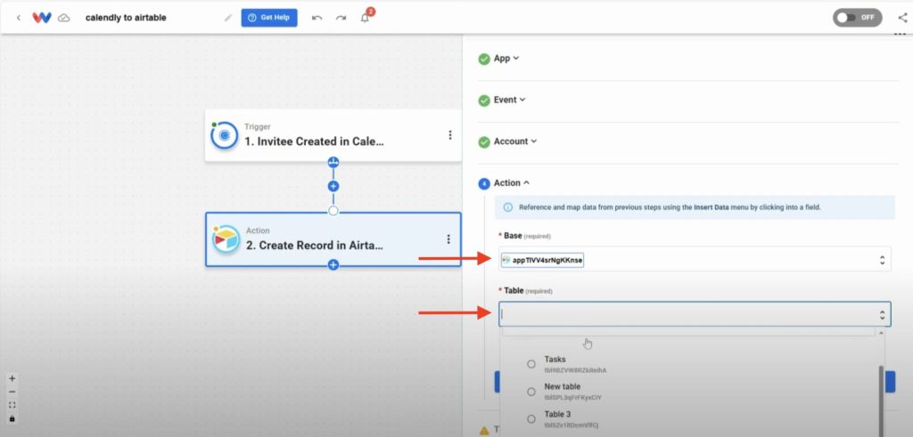 Mapping Calendly invitees to Airtable by selecting a specific base and table for records.